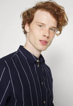 Pier One Linen Mix Stripe - Shirt - Dark Blue -Boutique Fashion Men's Discount Store 368860f76af348d18efc7d675b2e5f38